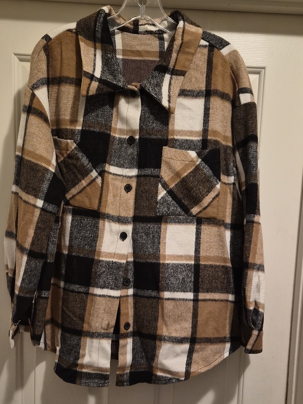 SHEIN Tan Black Cream Plaid Utility Shacket